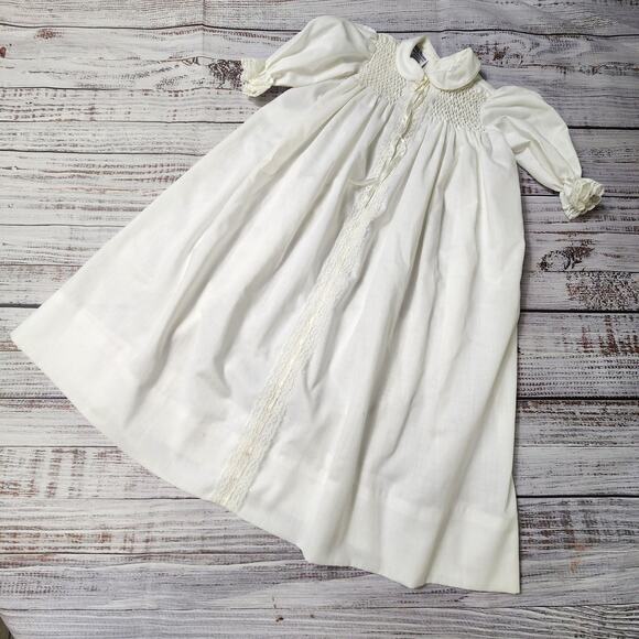 Vtg Polly Flinders White Infant Gown Christening Baptism Smocked Sz 3- 9 Months